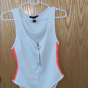 White/Neon Fish Net Sides, Zipper down Bodysuit